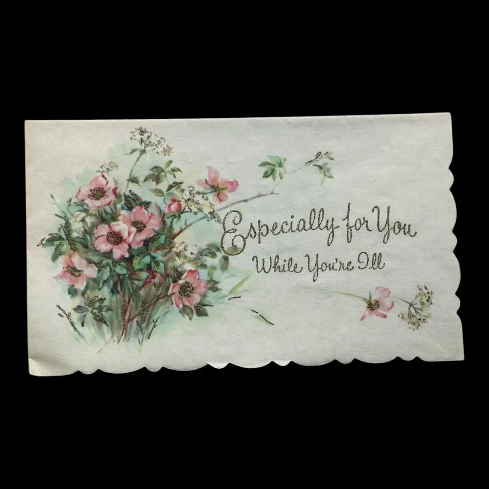 Get Well Floral Greeting Card NO ENVELOPE Parchment Paper Glitter Coronation VTG
